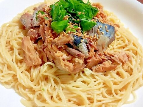 混ぜてのっけるだけ！さばの味噌煮缶【大葉】パスタ